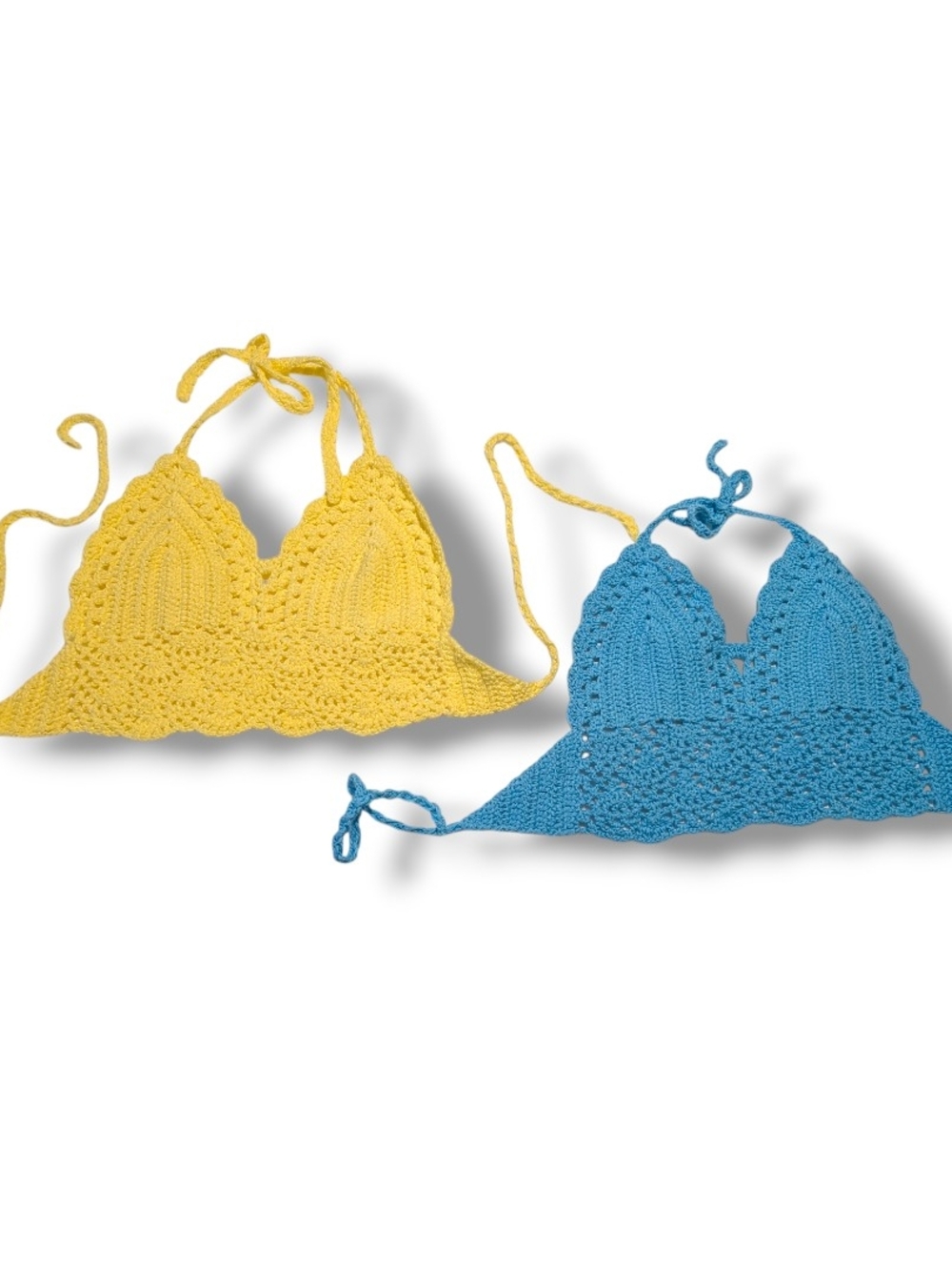 NWOT Handmade Crochet Triangle Bra Crop Top - Blue & Yellow, Size Small